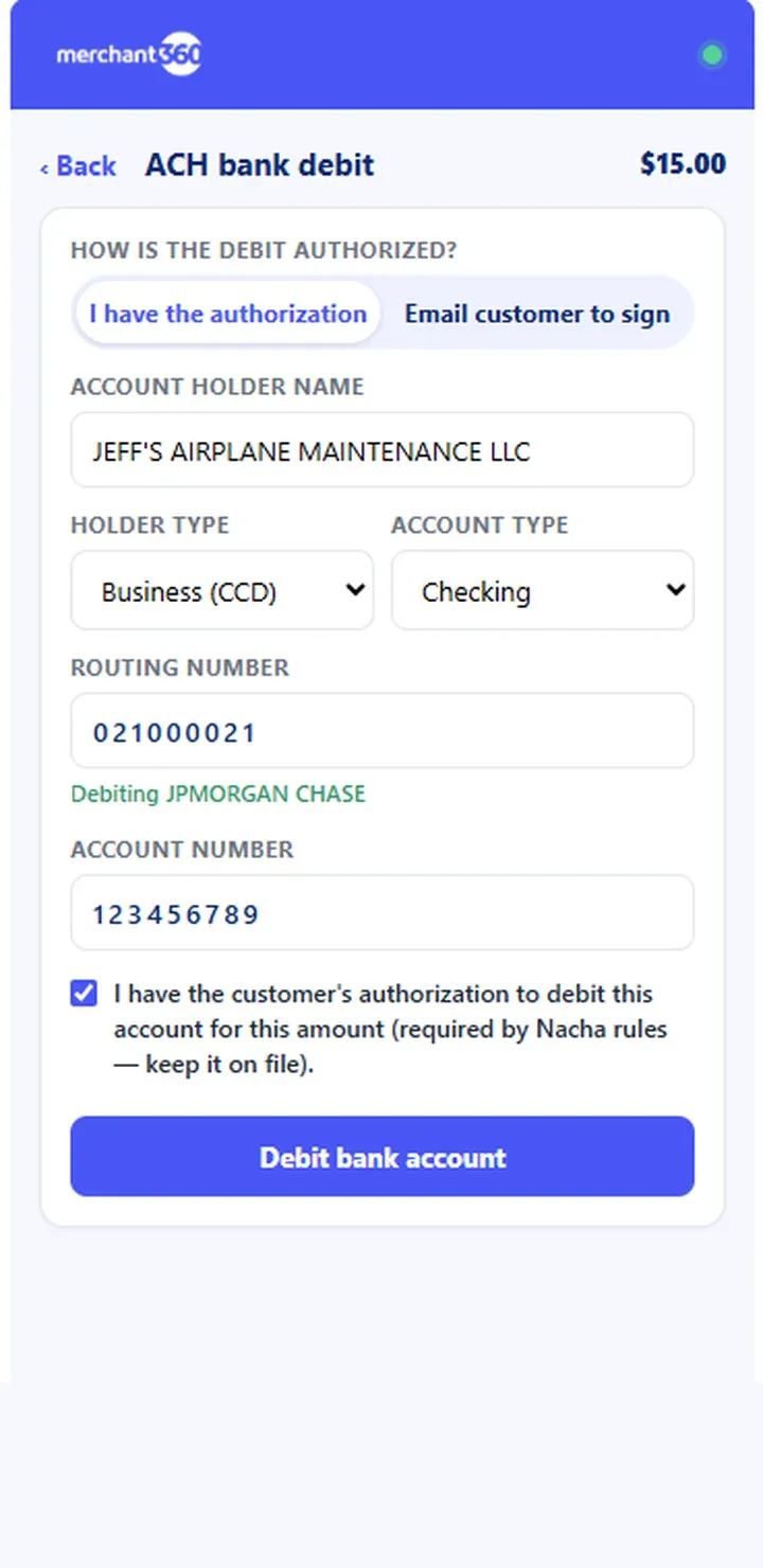 ACH bank debit in the side panel, with the bank recognized from the routing number