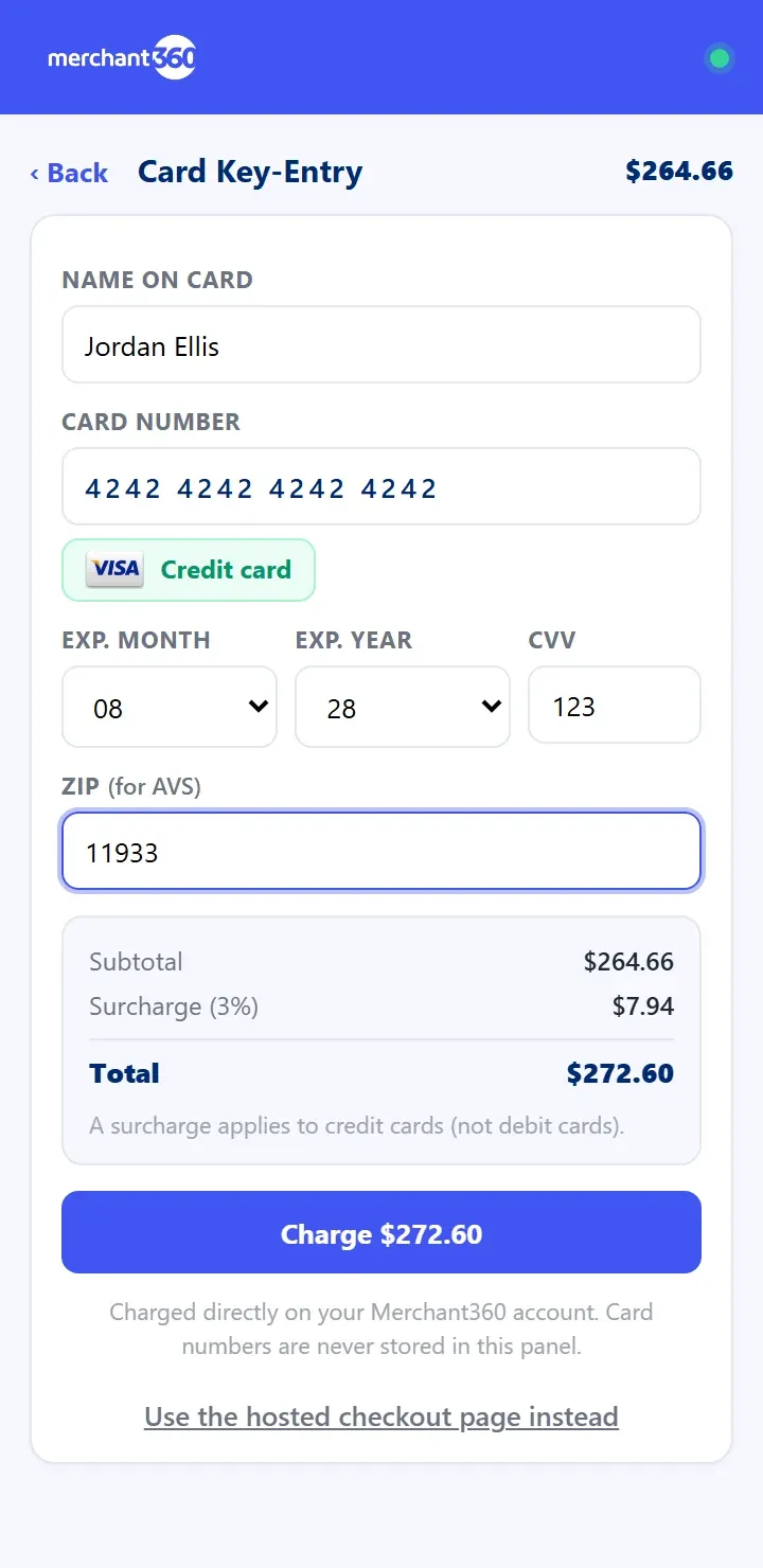 Keying a card in the side panel, with the surcharge itemized before the charge
