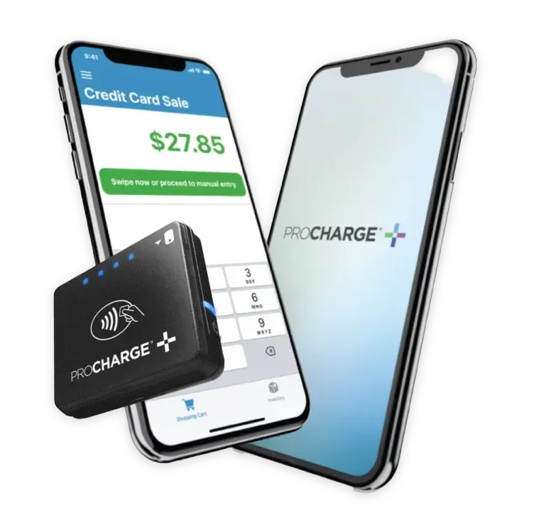 Merchant360 Mobile app on two phones with the Bluetooth card reader