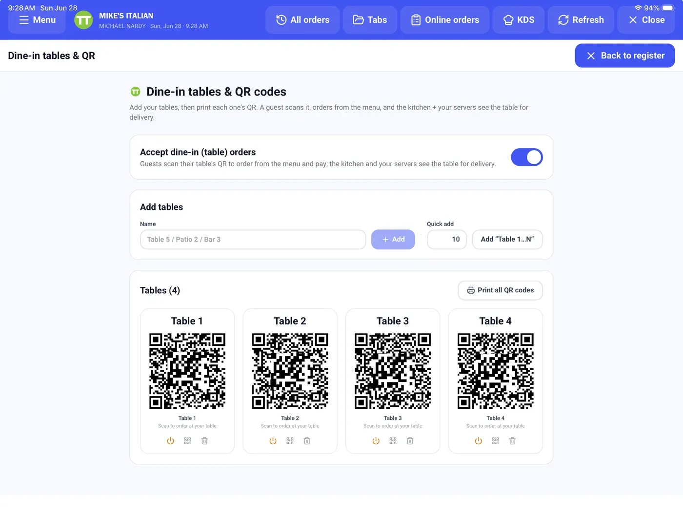 TableTurn · QR dine-in