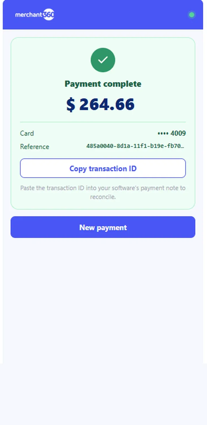 A completed payment in the side panel, with a copyable transaction ID