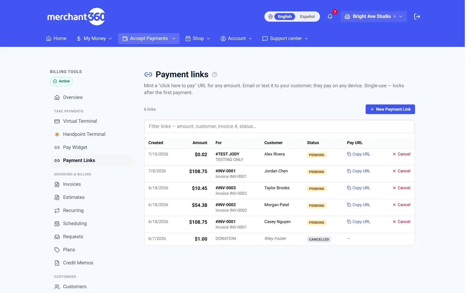Payment links shared by text or email