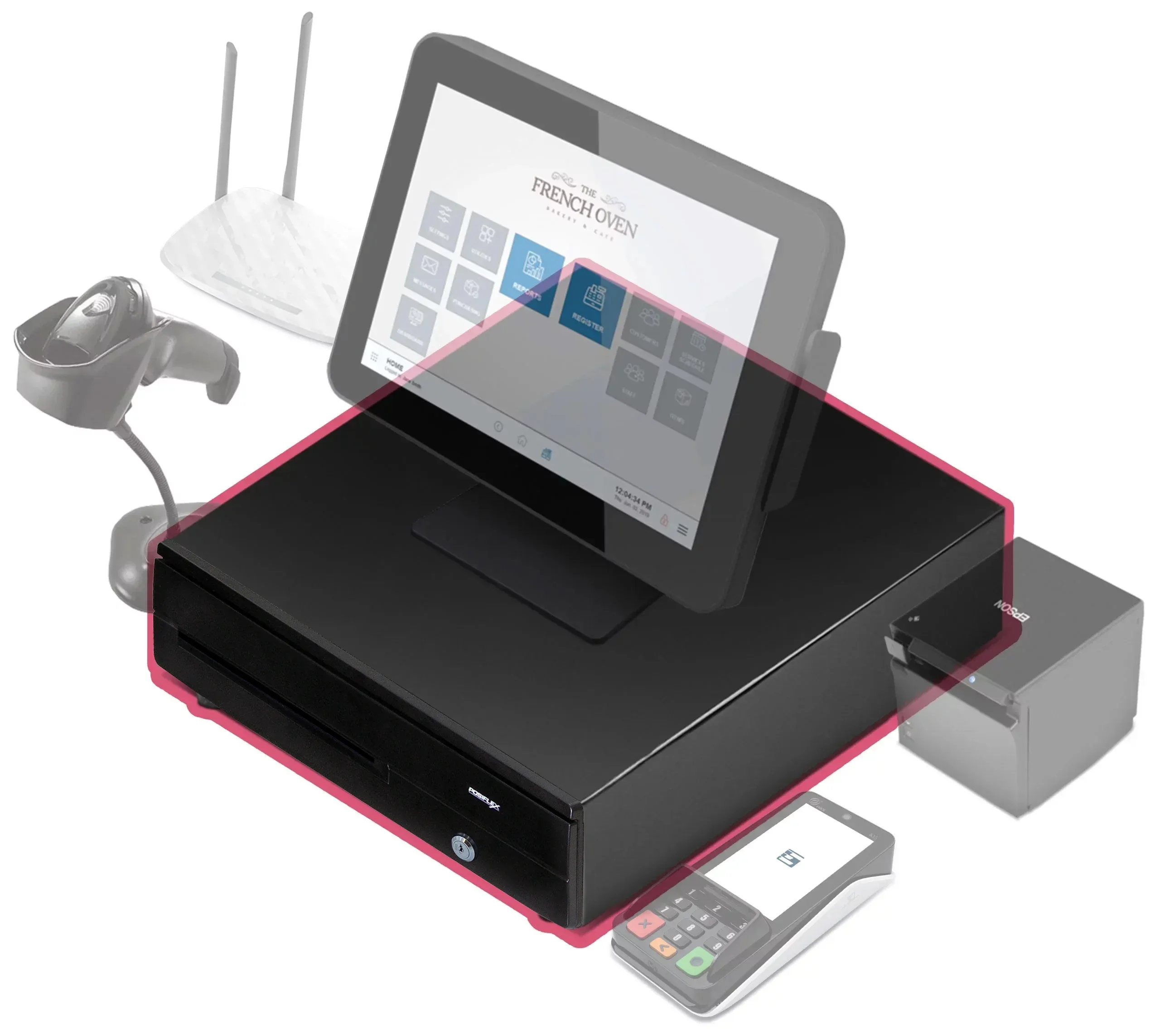 Exatouch POS bundle with the cash drawer highlighted