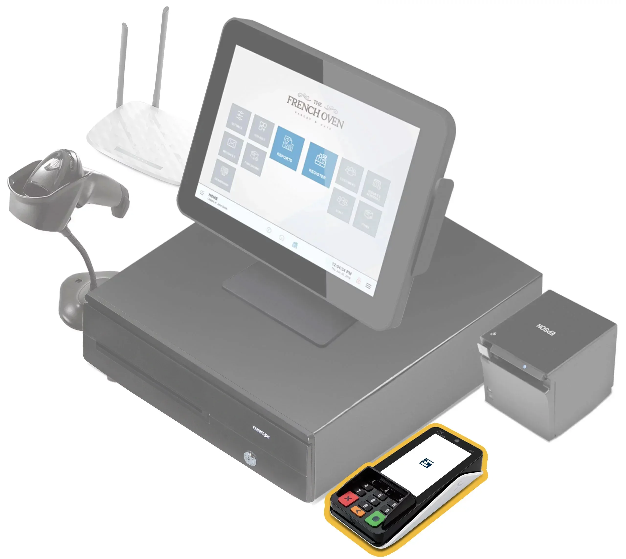 Exatouch POS bundle with the PAX payment terminal highlighted