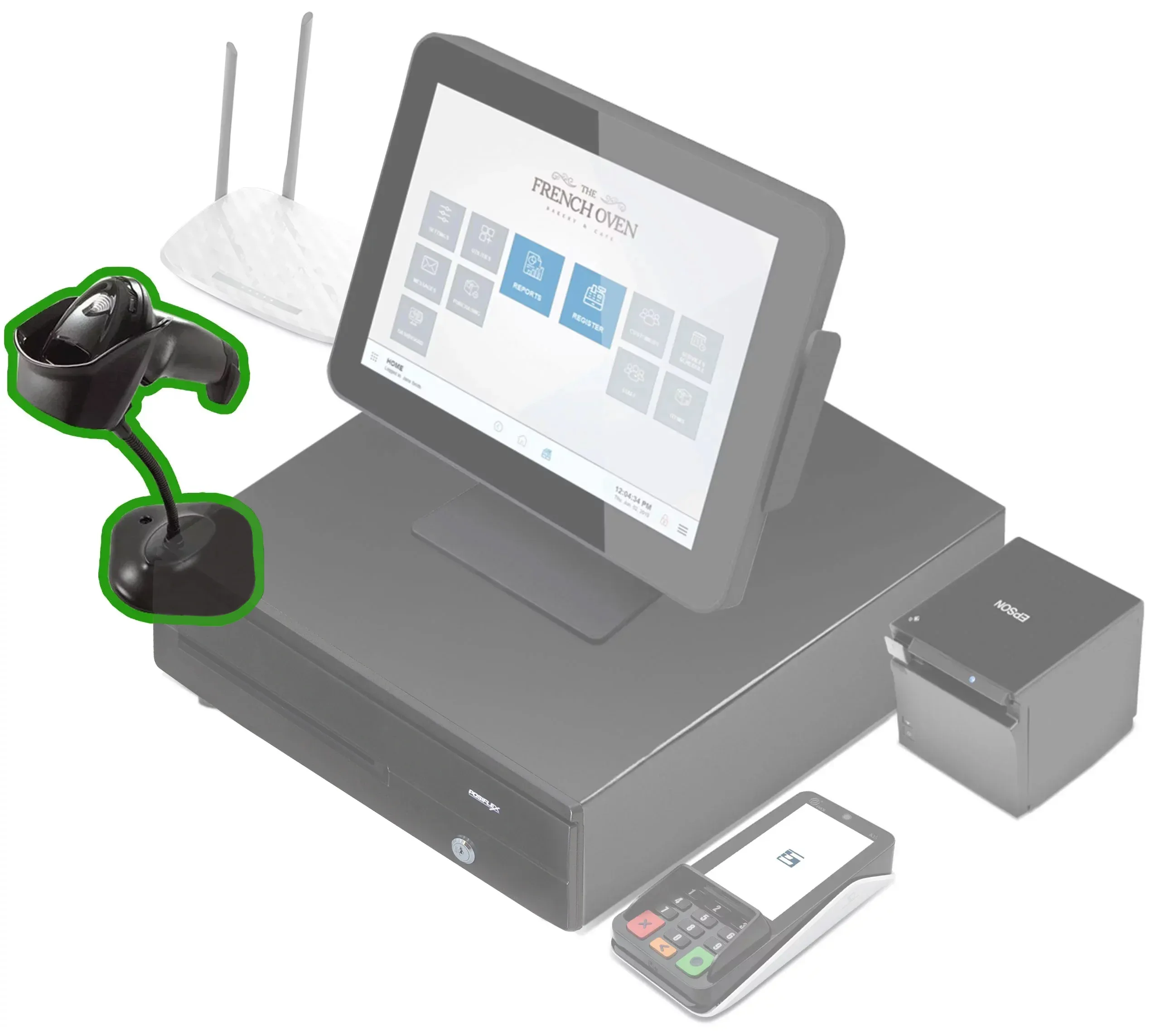 Exatouch POS bundle with the Zebra barcode scanner highlighted